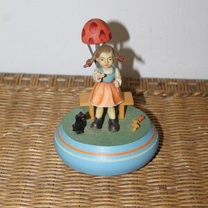 Reuge Swiss Musical Movement Figurine – Girl w/ Umbrella & Cat. Edelweiss.  Vtg.